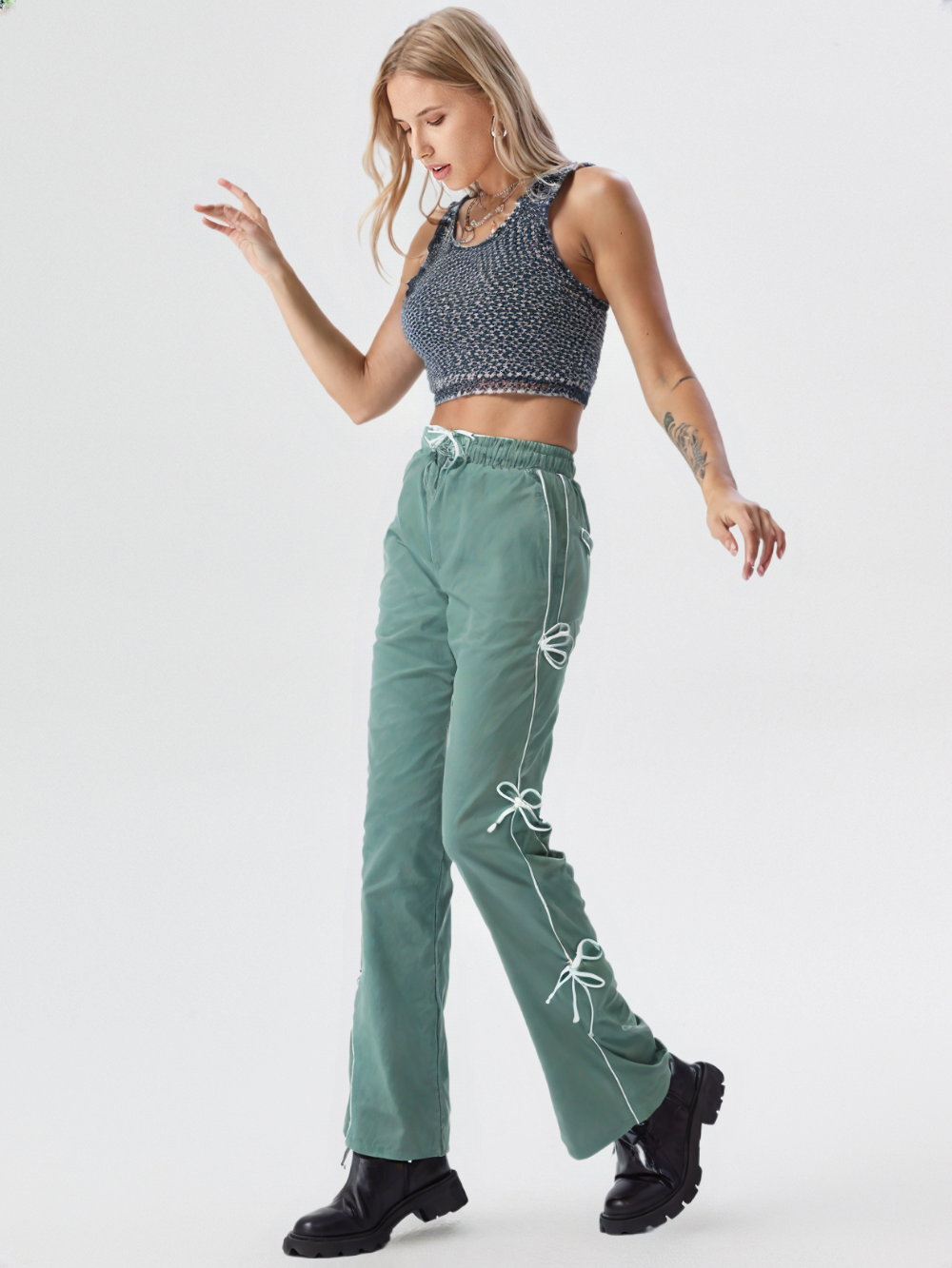 Stylish Light Green Bow String Track Pants – Relaxed Fit | Streetwear Casual for Women's