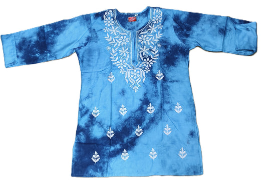 Women’s Blue Tie-Dye Cotton Kurti with White Embroidery – Casual & Ethnic Wear