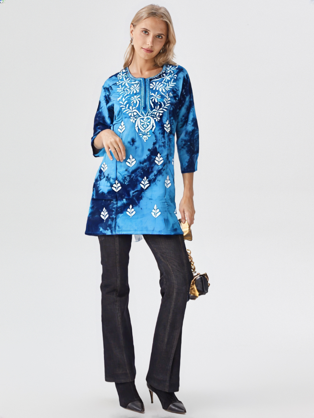 Women’s Blue Tie-Dye Cotton Kurti with White Embroidery – Casual & Ethnic Wear