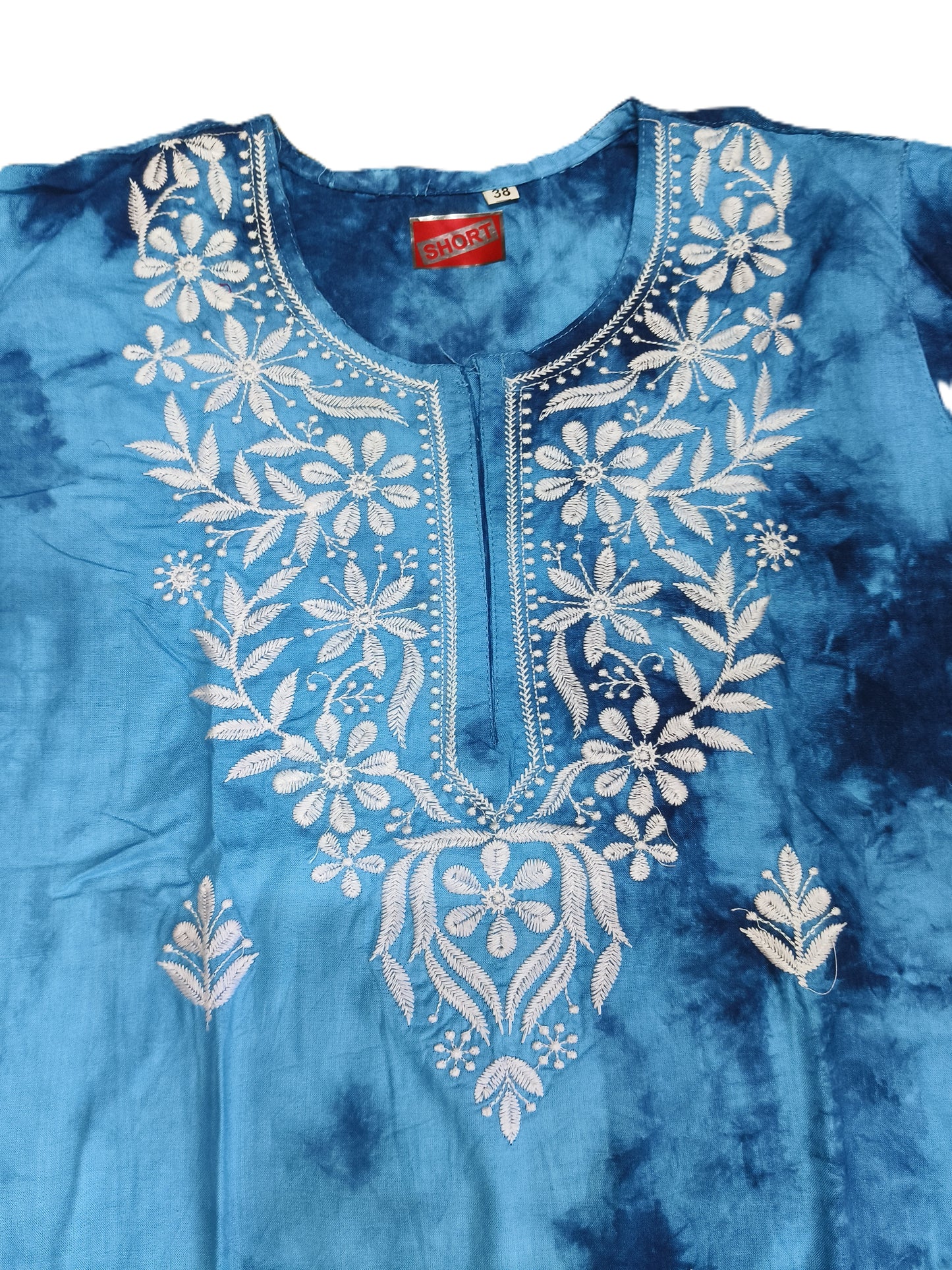 Women’s Blue Tie-Dye Cotton Kurti with White Embroidery – Casual & Ethnic Wear