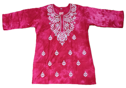 Women’s Pink Tie-Dye Cotton Kurti with White Chikankari Embroidery – Casual & Festive Wear