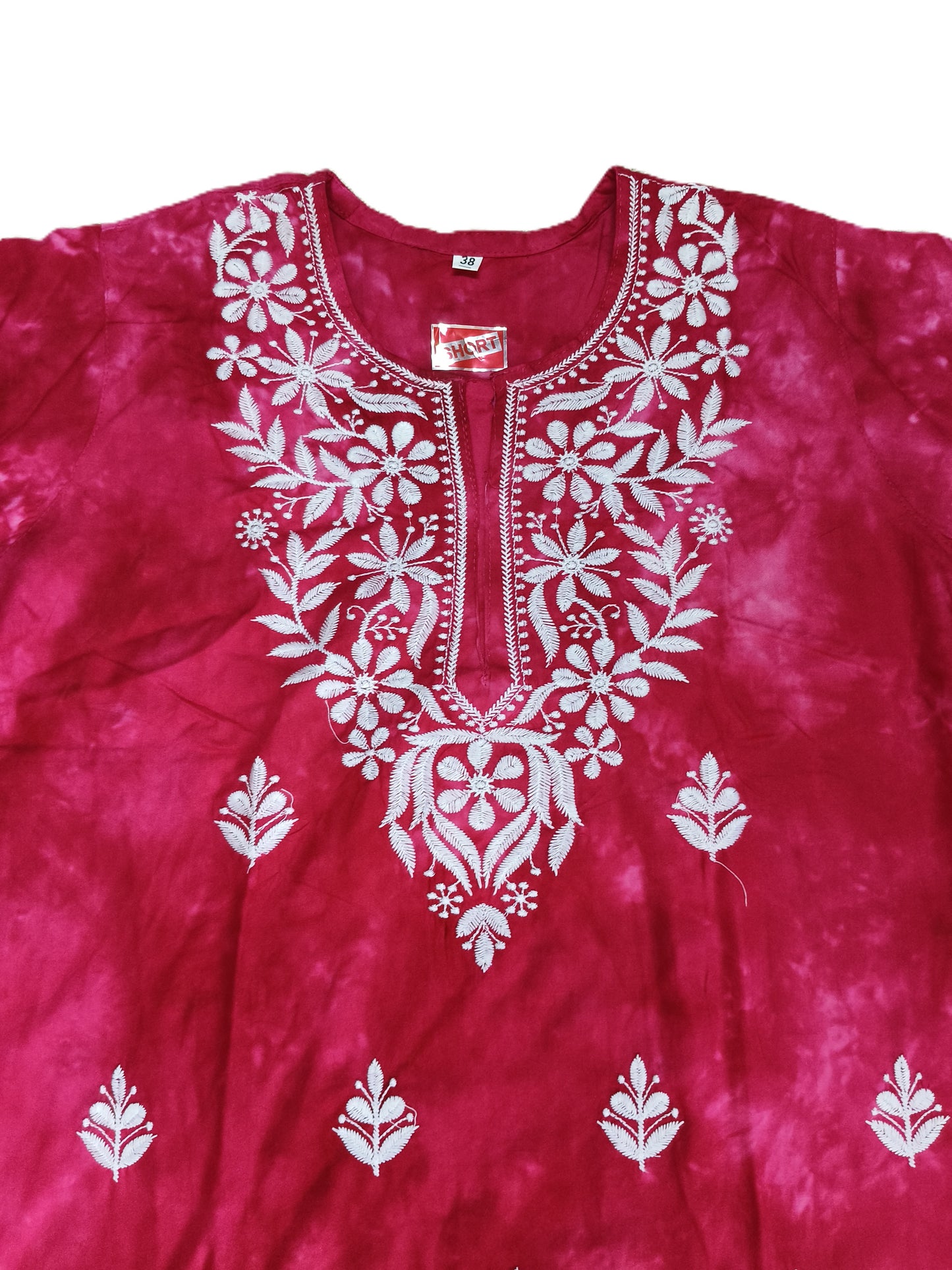 Women’s Pink Tie-Dye Cotton Kurti with White Chikankari Embroidery – Casual & Festive Wear