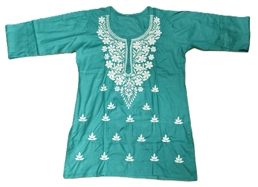 Women’s Teal Green Cotton Kurti with White Embroidery – Casual & Festive Wear