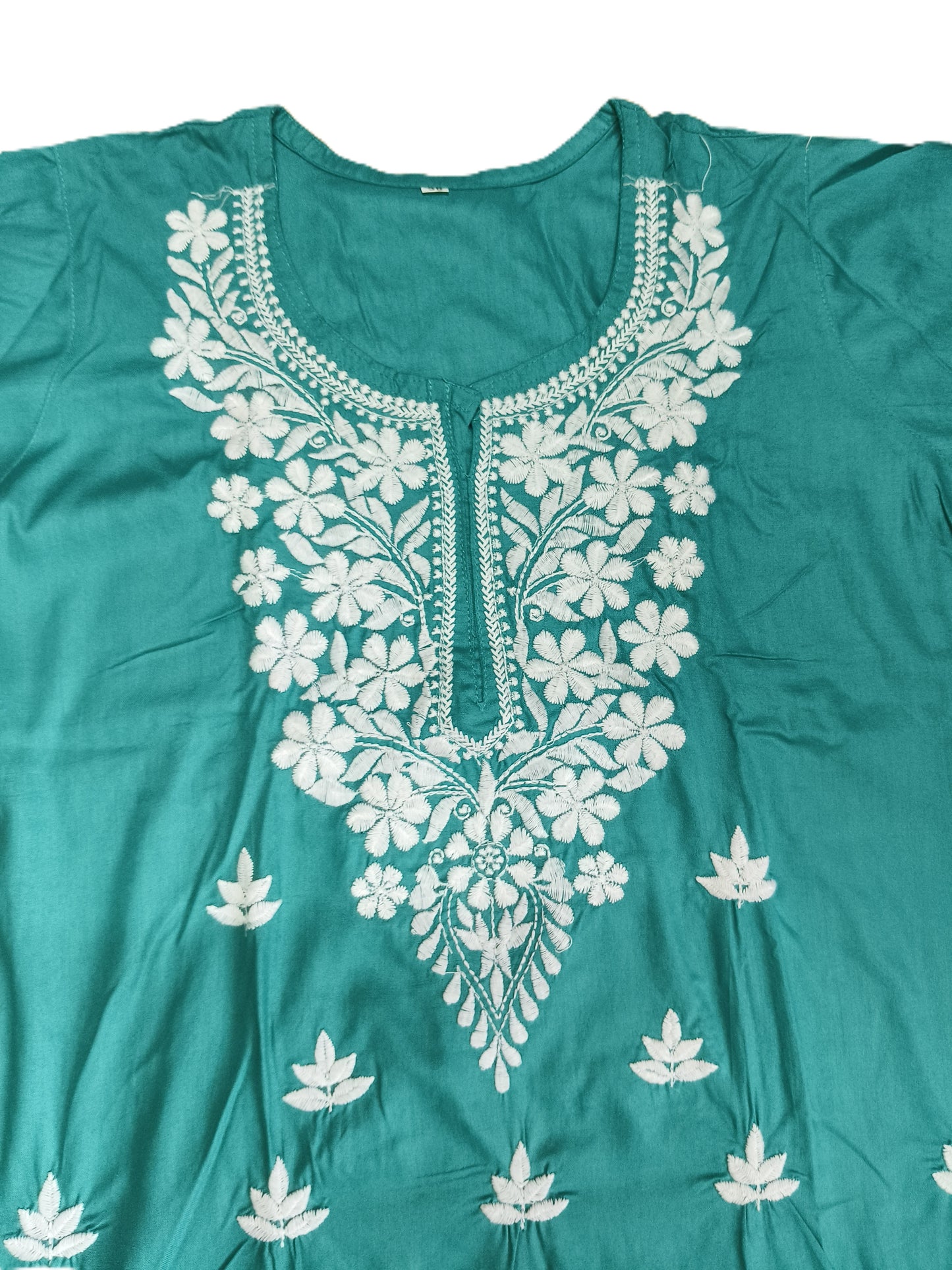 Women’s Teal Green Cotton Kurti with White Embroidery – Casual & Festive Wear
