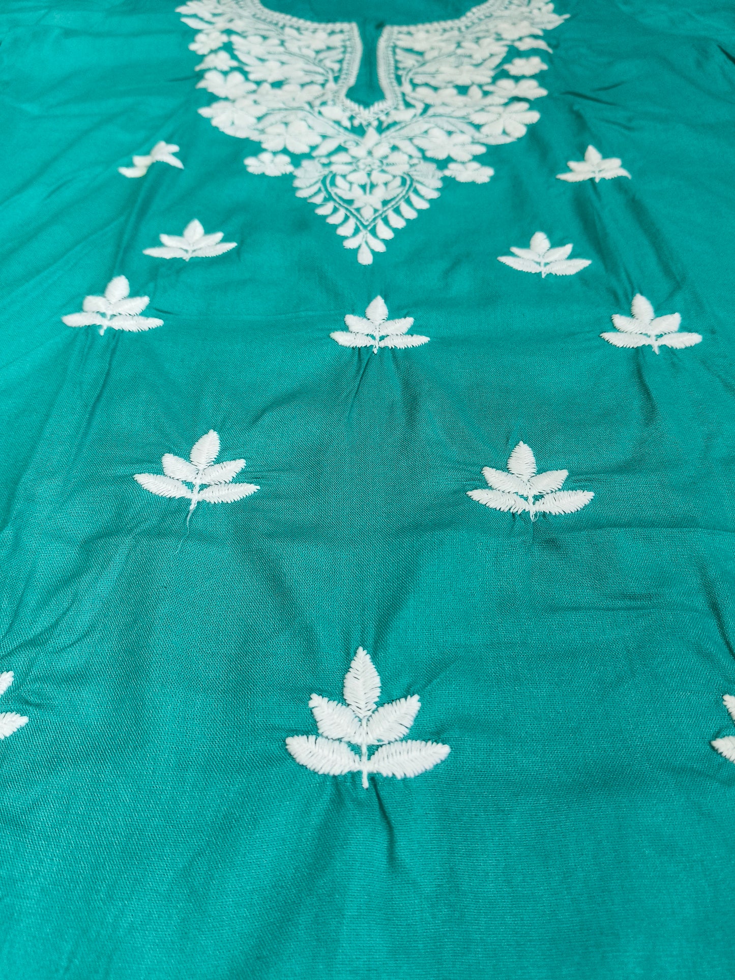Women’s Teal Green Cotton Kurti with White Embroidery – Casual & Festive Wear