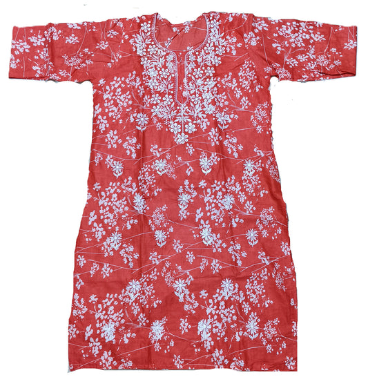 Women's Red Floral Printed Cotton Kurti – Elegant Everyday Wear
