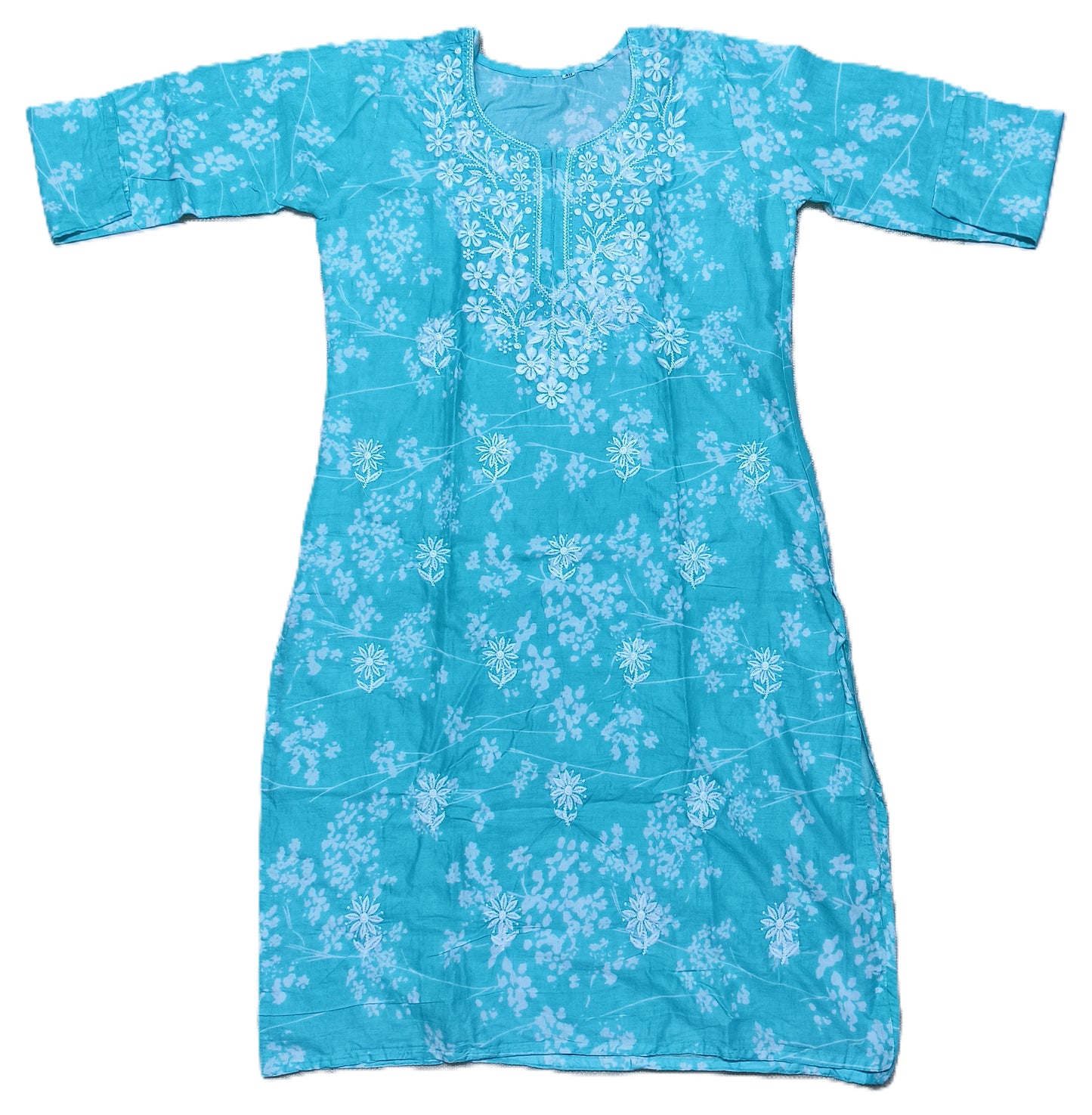 Turquoise Blue Floral Printed Cotton Kurta for Women – 3/4 Sleeve, Round Neck