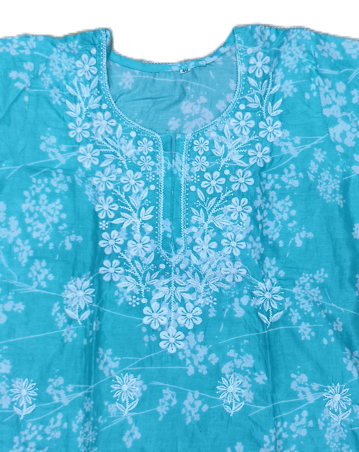 Turquoise Blue Floral Printed Cotton Kurta for Women – 3/4 Sleeve, Round Neck