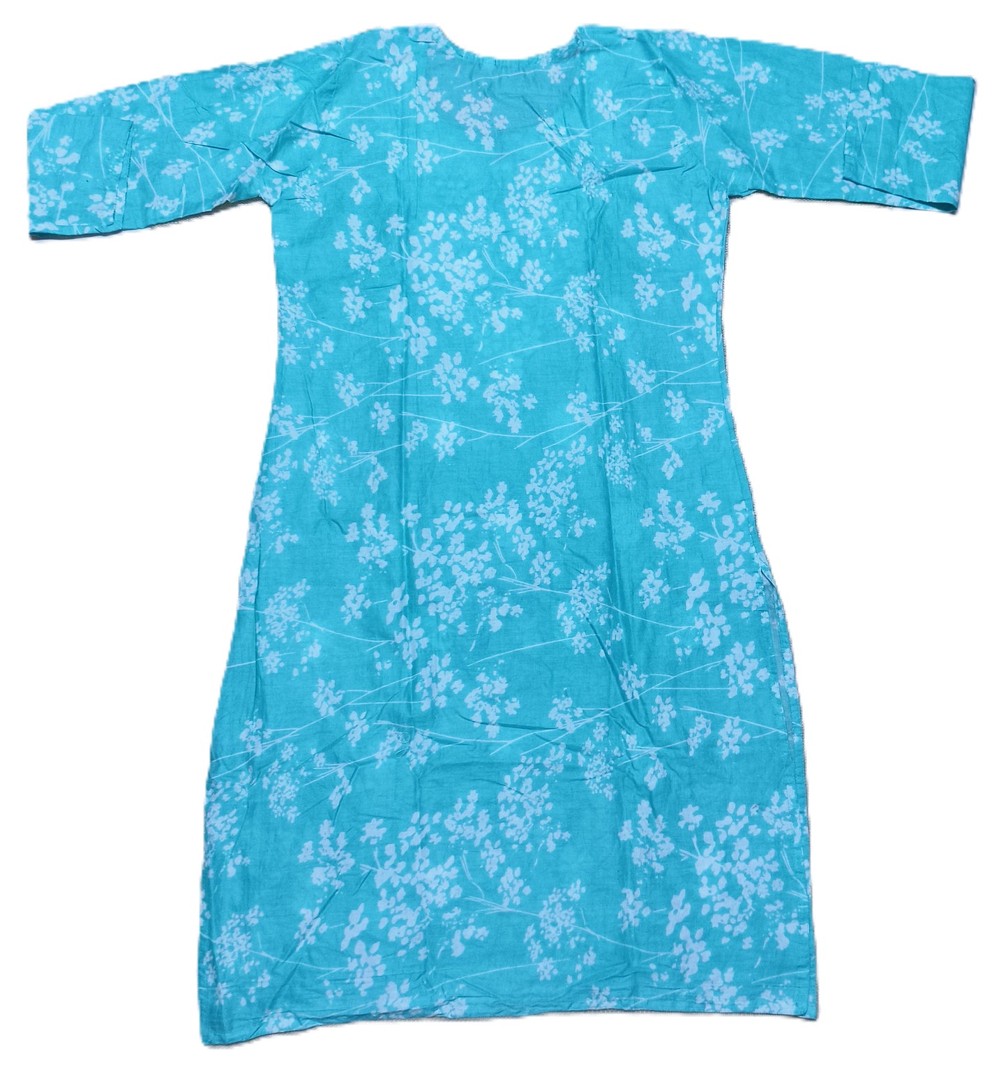 Turquoise Blue Floral Printed Cotton Kurta for Women – 3/4 Sleeve, Round Neck