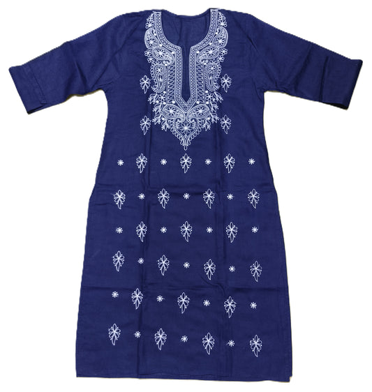 Navy Blue Cotton Chikankari Embroidered Straight Kurta for Women – Ethnic & Casual Wear