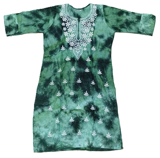 Elegant Green Tie-Dye Cotton Kurta Set with White Embroidery – Ethnic Wear for Women