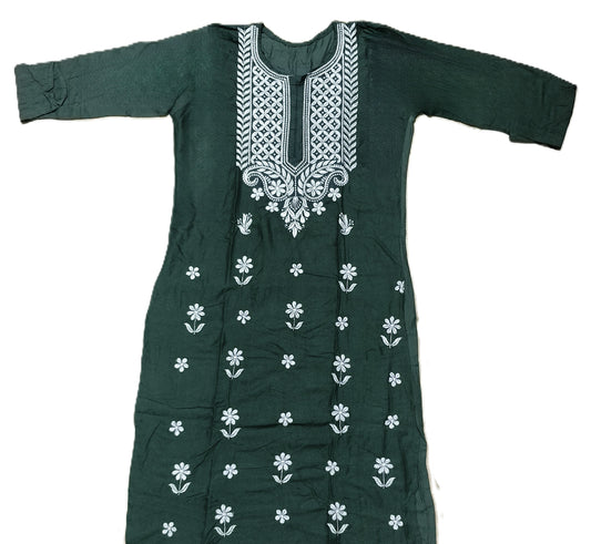 Elegant Dark Green Embroidered Cotton Kurta Set with Pants – Ethnic Wear for Women