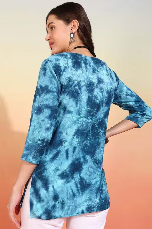 Women’s Blue Tie-Dye Cotton Kurti with White Embroidery – Casual & Ethnic Wear