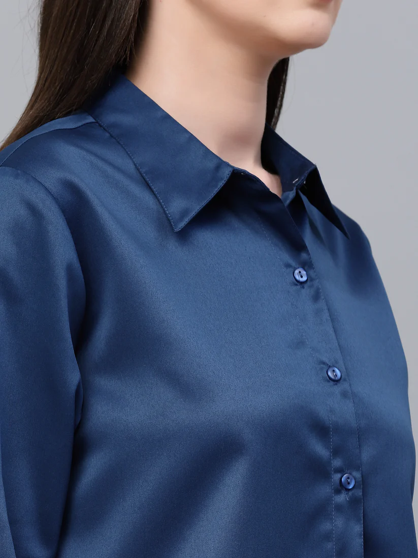 Women Solid Petrol Satin Formal Shirt