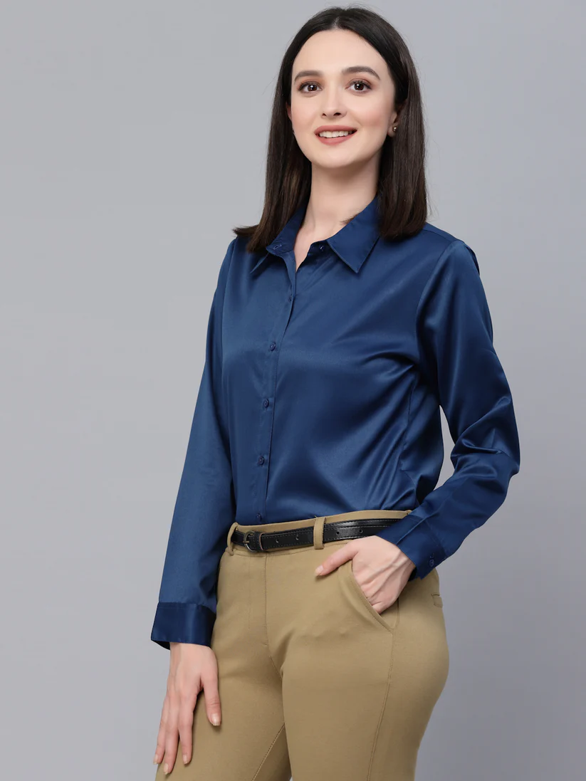 Women Solid Petrol Satin Formal Shirt