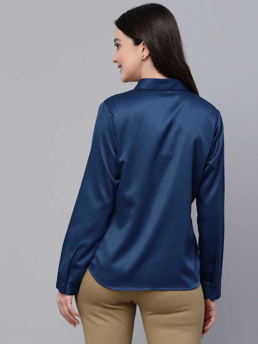Women Solid Petrol Satin Formal Shirt