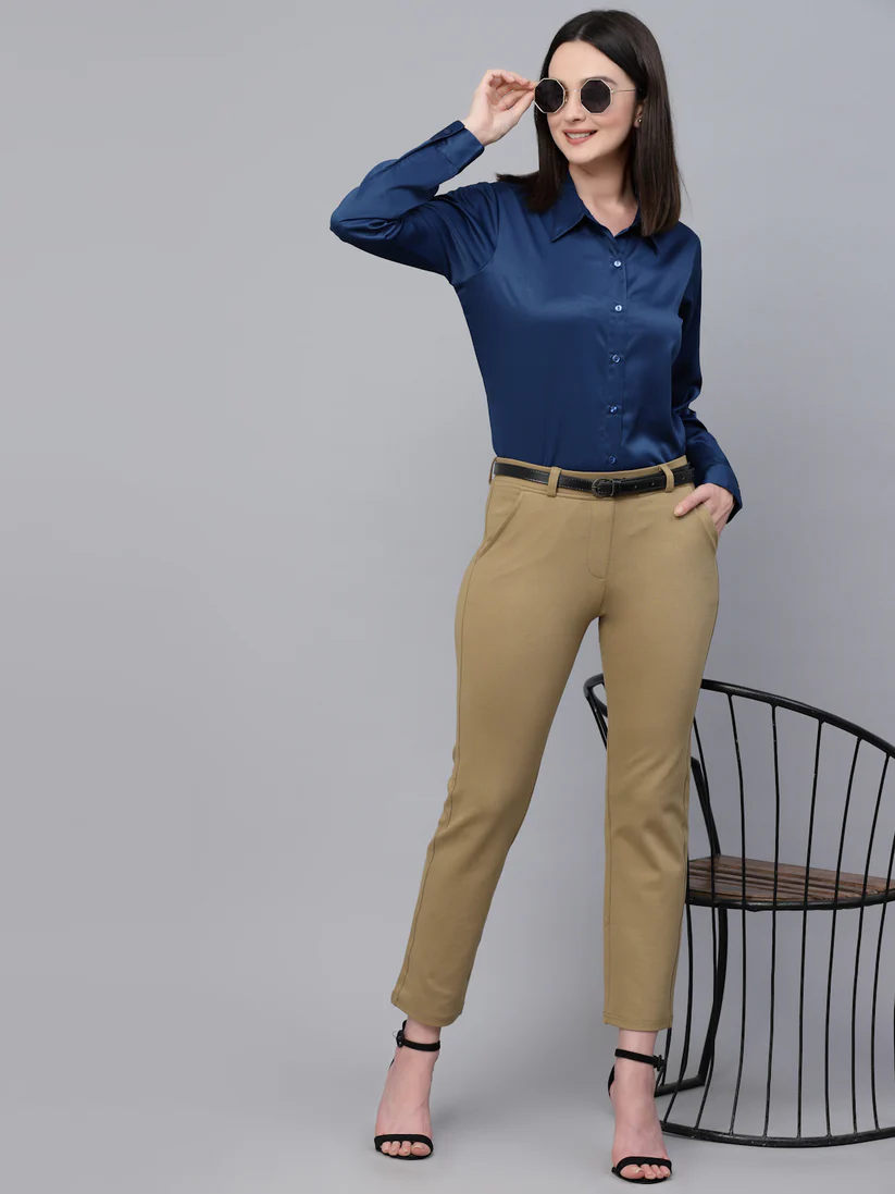 Women Solid Petrol Satin Formal Shirt