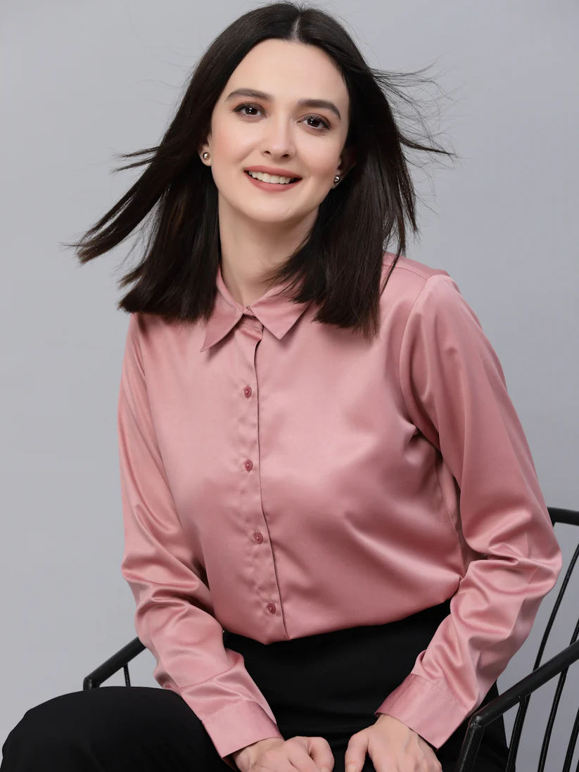 Women Solid Rose Satin Formal Shirt