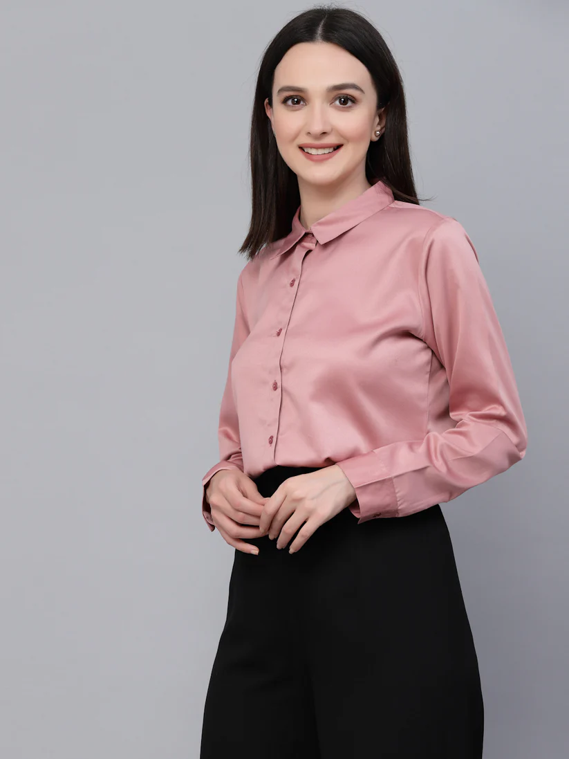 Women Solid Rose Satin Formal Shirt