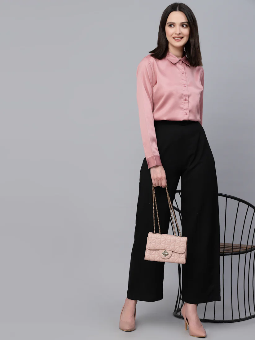 Women Solid Rose Satin Formal Shirt