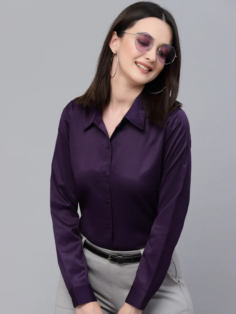 Women Solid Wine Satin Formal Shirt