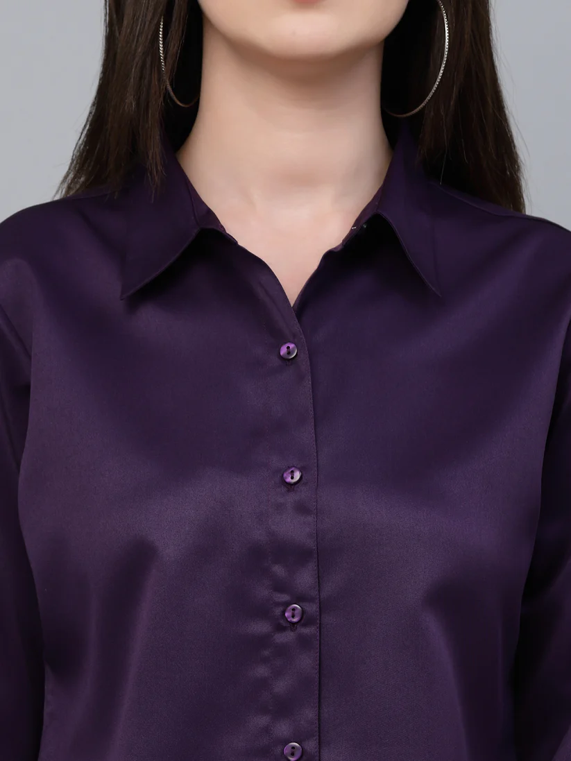 Women Solid Wine Satin Formal Shirt