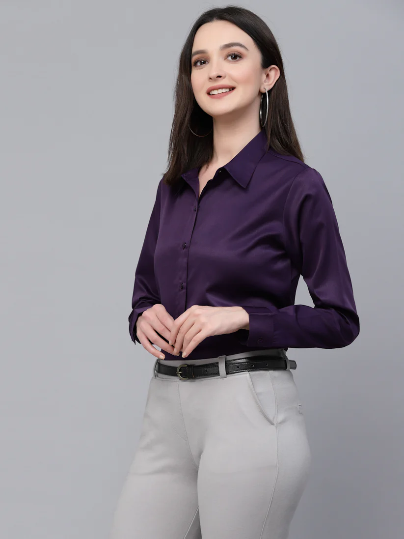 Women Solid Wine Satin Formal Shirt