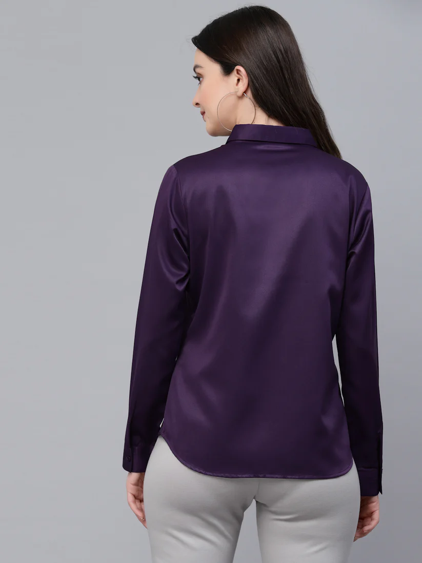 Women Solid Wine Satin Formal Shirt
