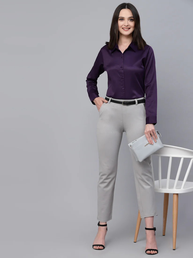 Women Solid Wine Satin Formal Shirt