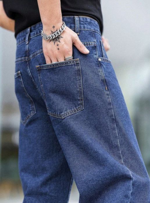 Men’s Dark Blue Baggy Fit Jeans – Relaxed Urban Streetwear Denim