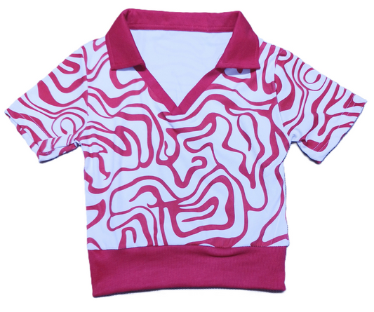 Pink & White Trendy Abstract Print Crop Polo Top for Women – Stylish Summer Half Sleeve T-Shirt