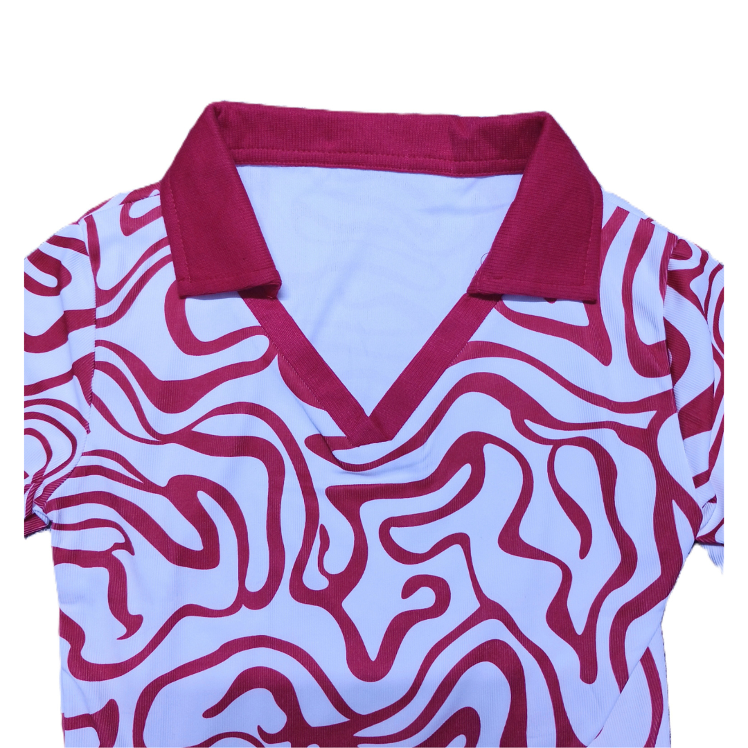 Pink & White Trendy Abstract Print Crop Polo Top for Women – Stylish Summer Half Sleeve T-Shirt
