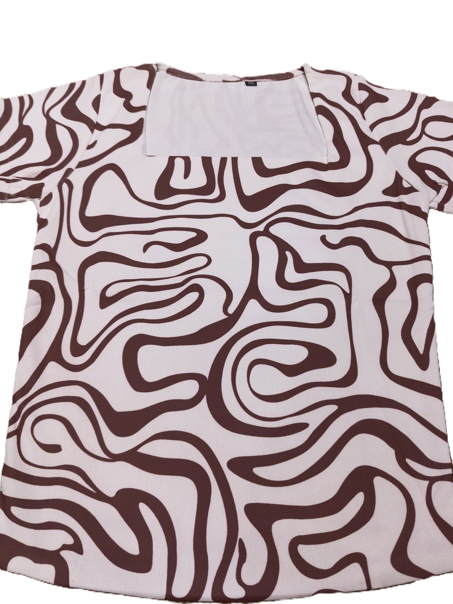 Brown Abstract Print Square Neck Ribbed Stretchable Top for Women