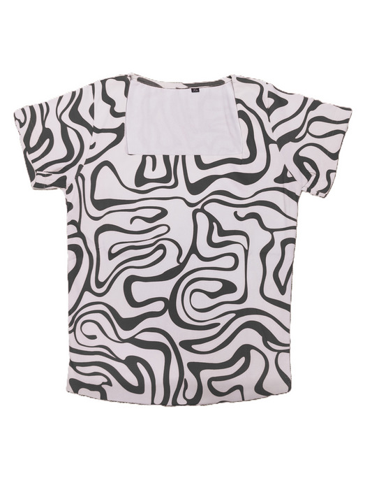 Black & White Abstract Print Square Neck Top for Women's – Stretchable Fitted Tee