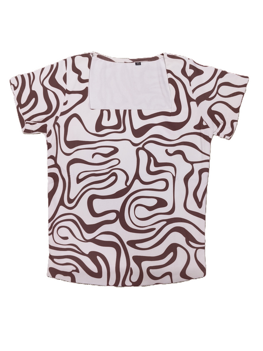Brown Abstract Print Square Neck Ribbed Stretchable Top for Women