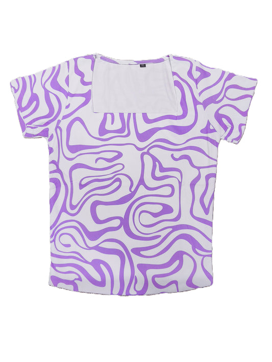Lavender Abstract Print Square Neck Top for Women’s – Stylish Short Sleeve Summer Blouse