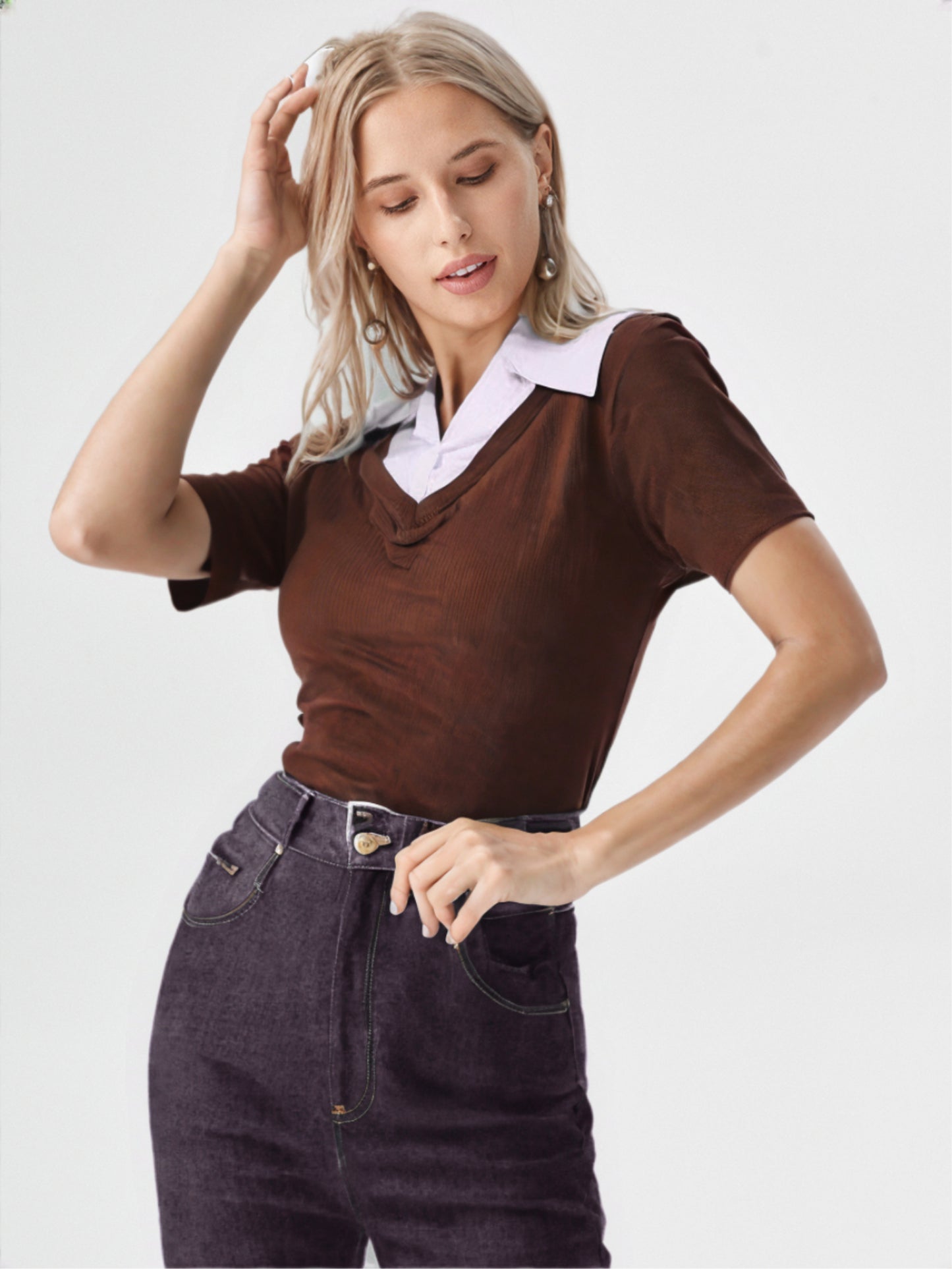 Brown V-Neck Layered Knit Top with white Collar – Casual Smart Fit Top for Women