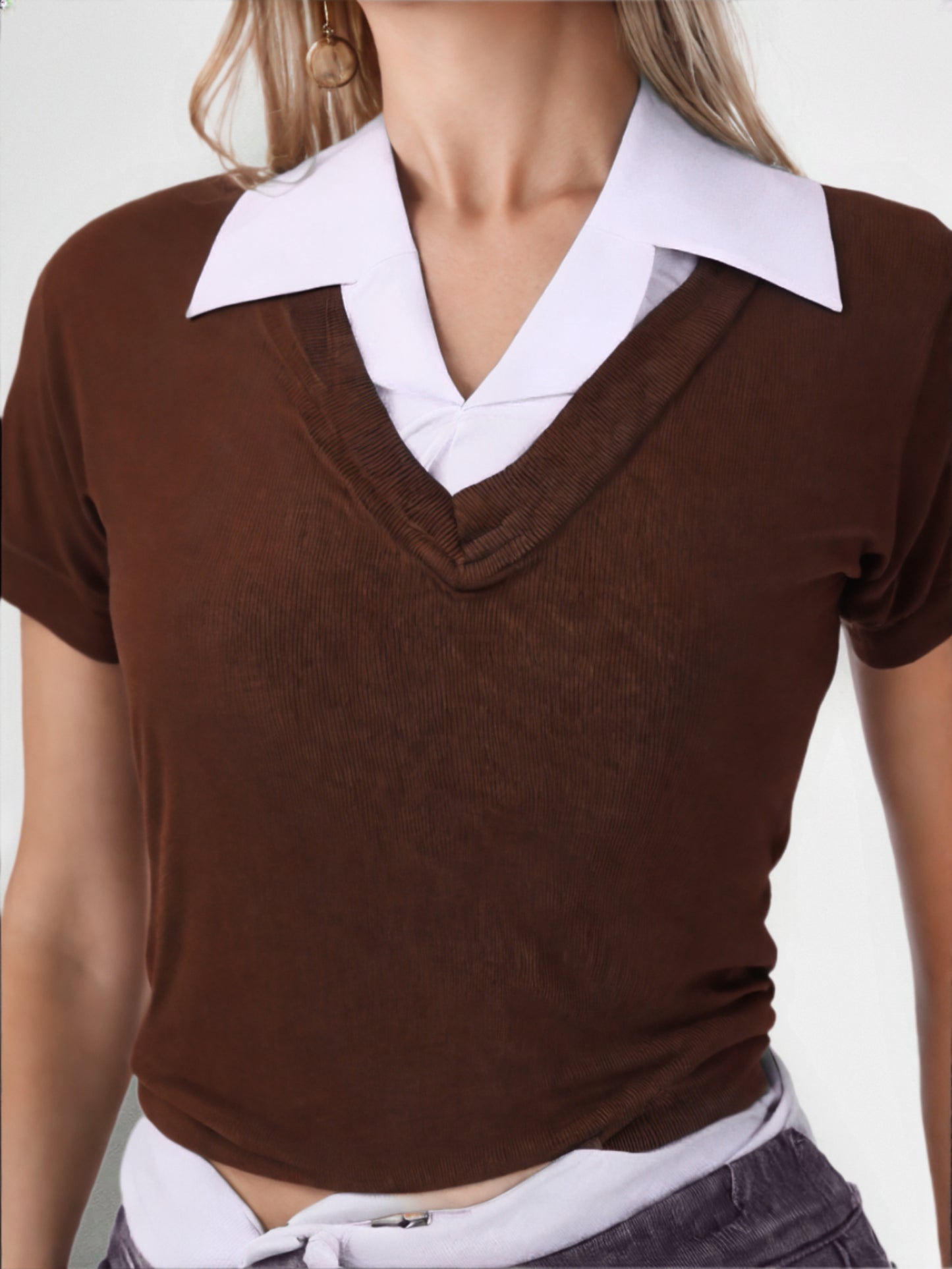 Brown V-Neck Layered Knit Top with white Collar – Casual Smart Fit Top for Women