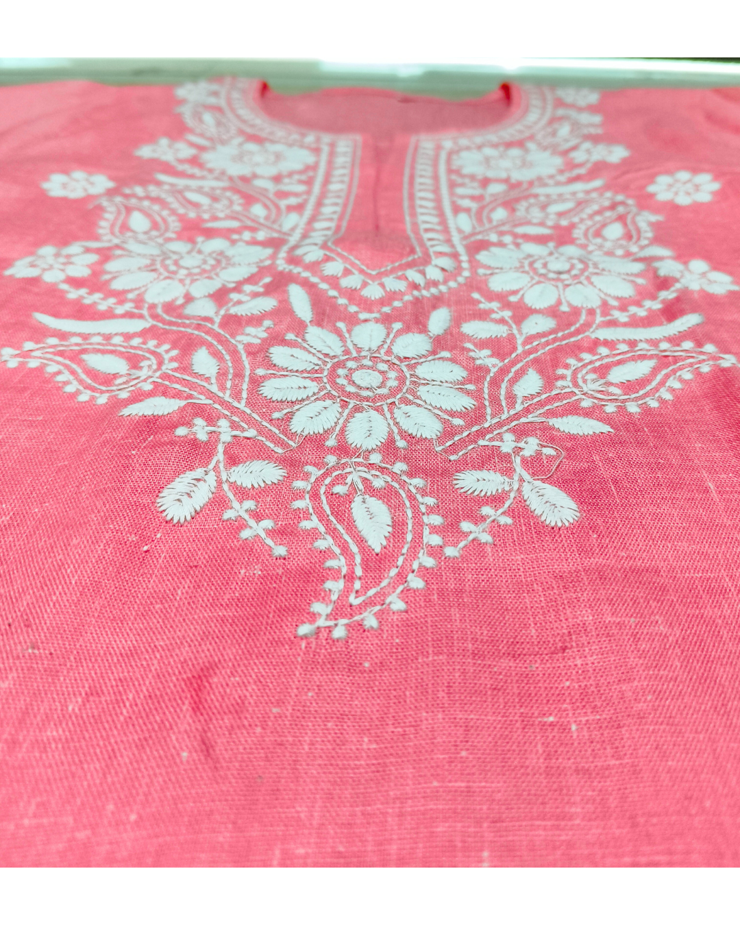 Pink Embroidered Cotton Kurti for women – Chikankari-Style Floral Design, 3/4 Sleeves Straight Fit