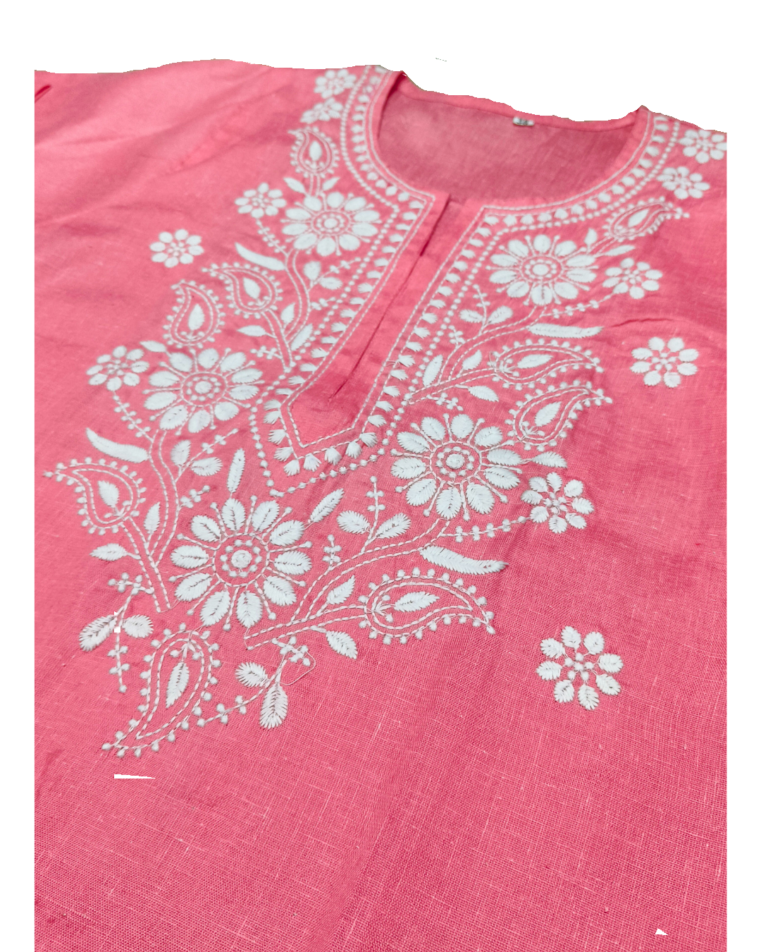 Pink Embroidered Cotton Kurti for women – Chikankari-Style Floral Design, 3/4 Sleeves Straight Fit