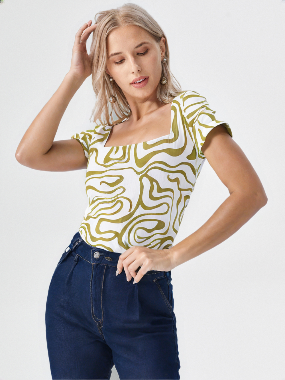Olive Green Abstract Print Square Neck Top for Women's – Casual & Stylish