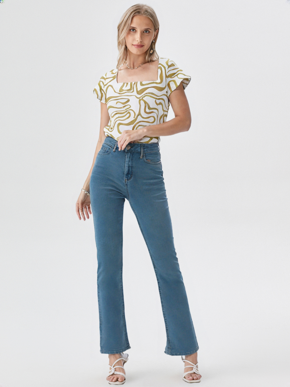 Olive Green Abstract Print Square Neck Top for Women's – Casual & Stylish
