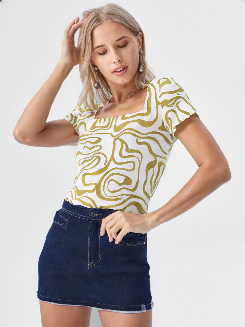 Olive Green Abstract Print Square Neck Top for Women's – Casual & Stylish