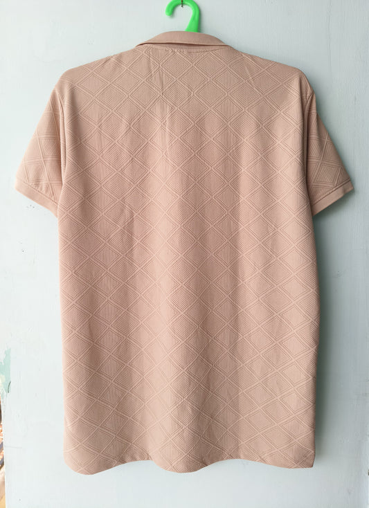 Beige Textured Polo TShirt for Men – Classic Diamond Pattern