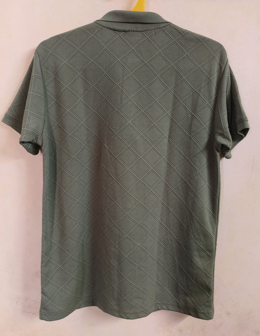 Men's Olive Green Textured Polo TShirt – Premium Diamond Pattern Casual Wear
