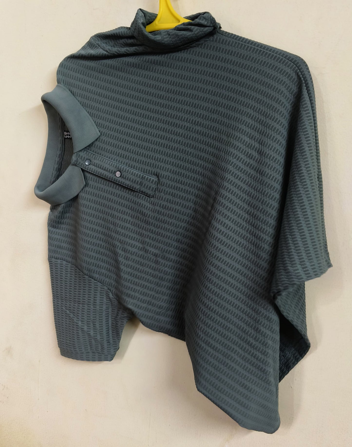 Unisex Asymmetrical High-Neck Tshirt Top in Slate Green – Modern Textured Streetwear