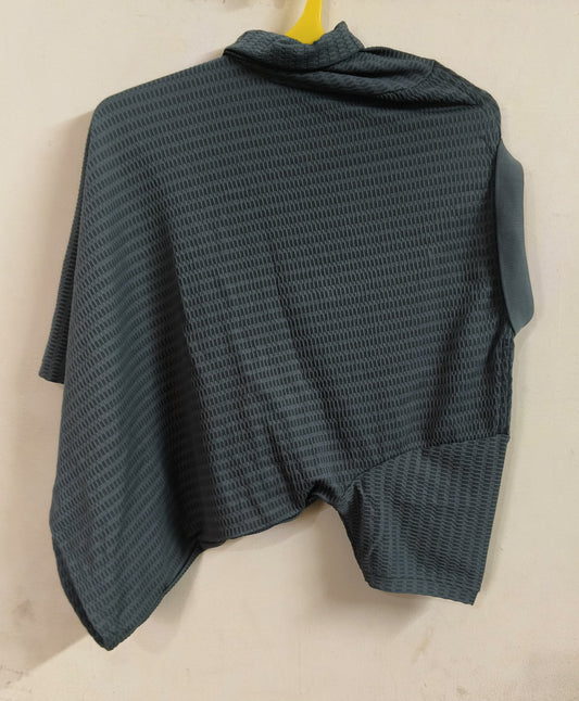 Unisex Asymmetrical High-Neck Tshirt Top in Slate Green – Modern Textured Streetwear