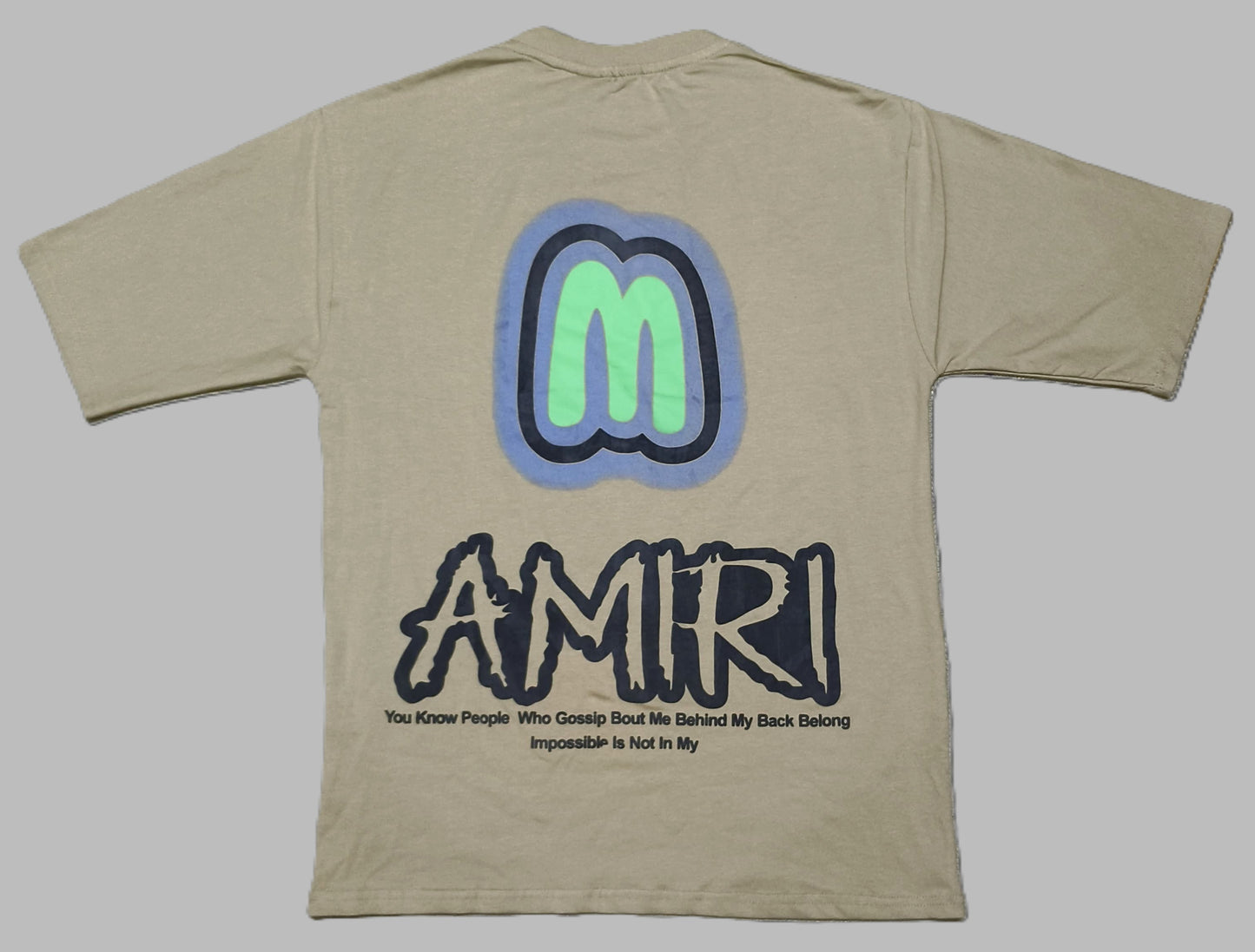 Men’s Beige Graphic T-Shirt with Neon Green “M” Logo – Urban Casual Streetwear