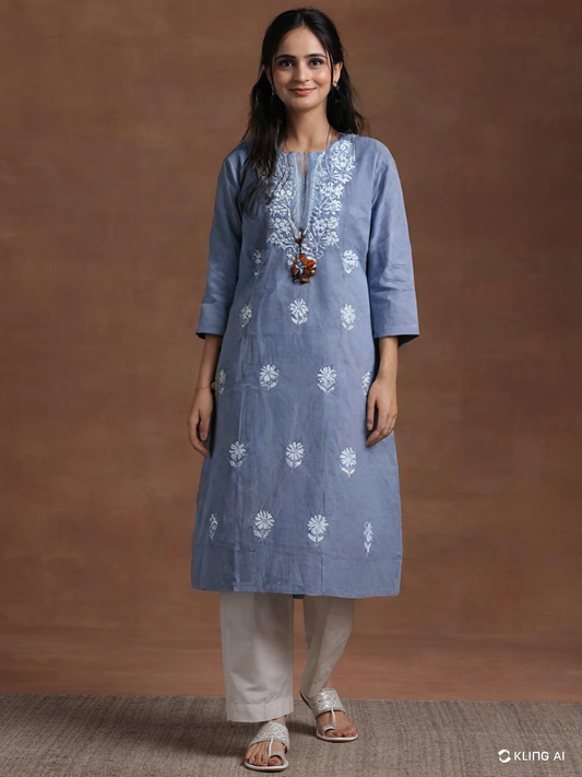 Elegant Grey Cotton Chikankari Embroidered Straight Kurti for Women – Ethnic Wear