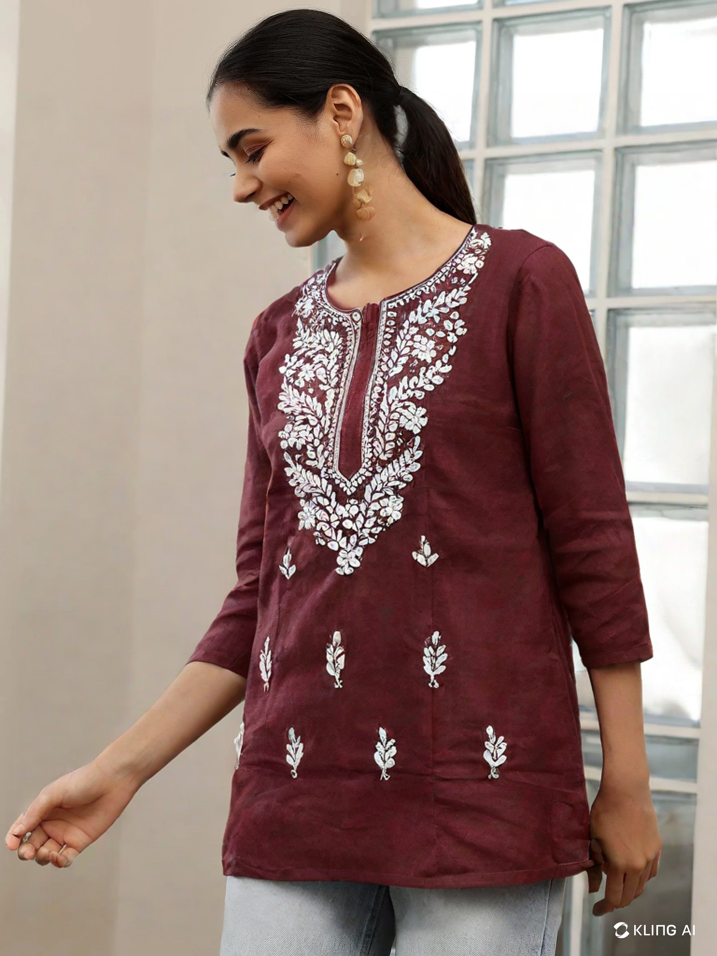 Maroon Cotton Short Chikan Kurti with White Floral Embroidery – Elegant Ethnic Wear for Women
